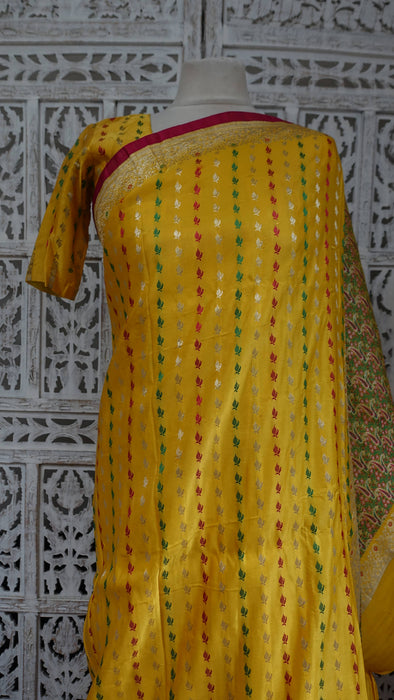 Yellow Vintage Heavy Brocade Silk Sari - Preloved