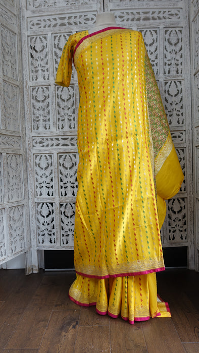 Yellow Vintage Heavy Brocade Silk Sari - Preloved