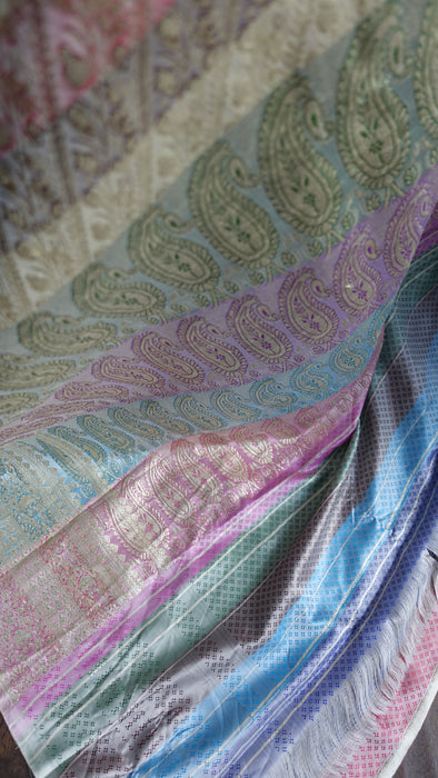 Cream  Vintage Woven Silk With Pastel Coloured Palla - Preloved