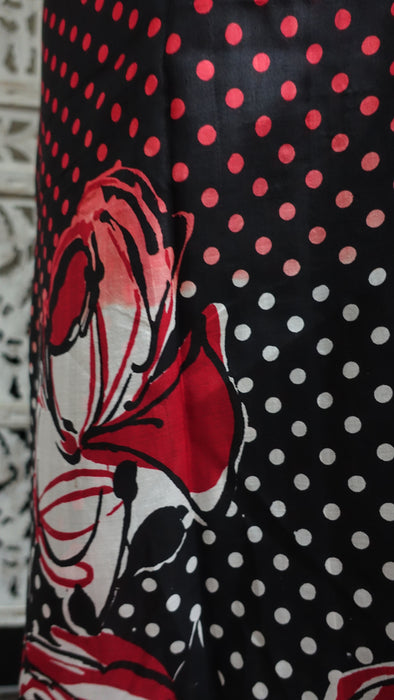 Black, Red, White Vintage Silk Sari - Preloved