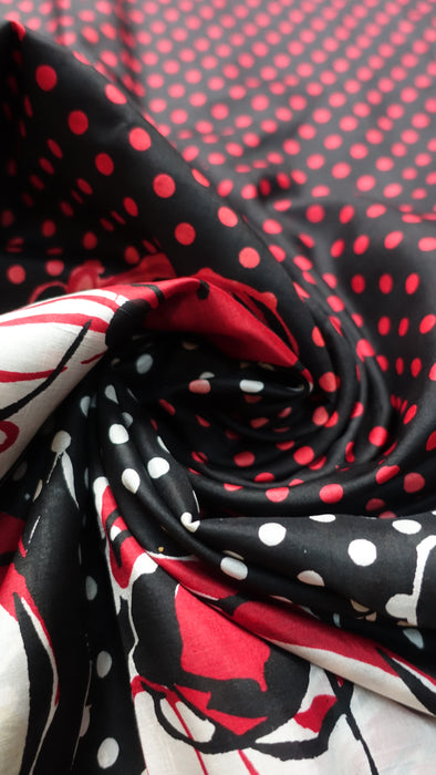 Black, Red, White Vintage Silk Sari - Preloved