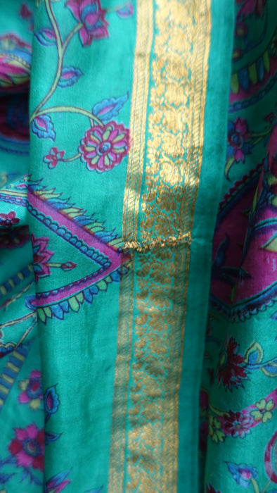 Cream Silk With Jade Print Vintage Sari - Preloved