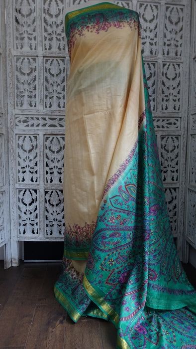 Cream Silk With Jade Print Vintage Sari - Preloved