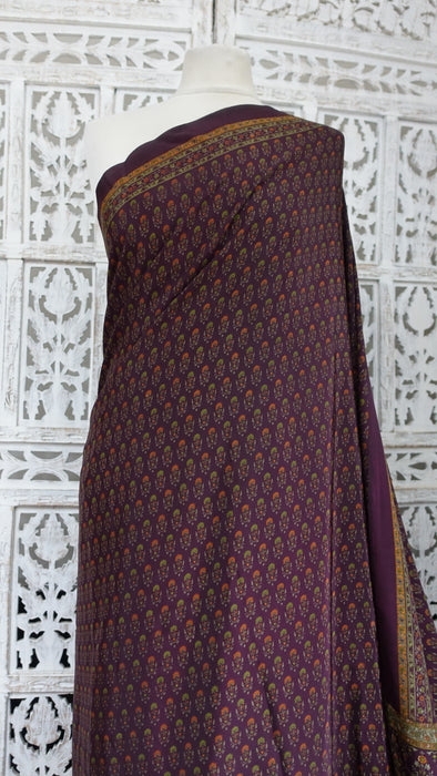 Aubergine Crepe Printed Sari With Blouse Piece - New