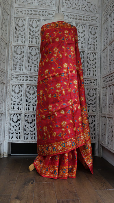 Vintage Red Silk Printed Sari - New
