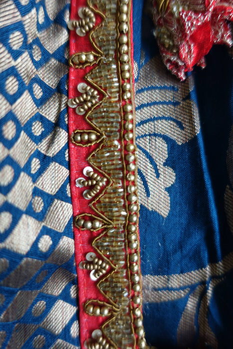 Denim Blue And Red Raw Silk Effect 3 Piece Sari Including Petticoat And Blouse To Fit 38 Bust - New