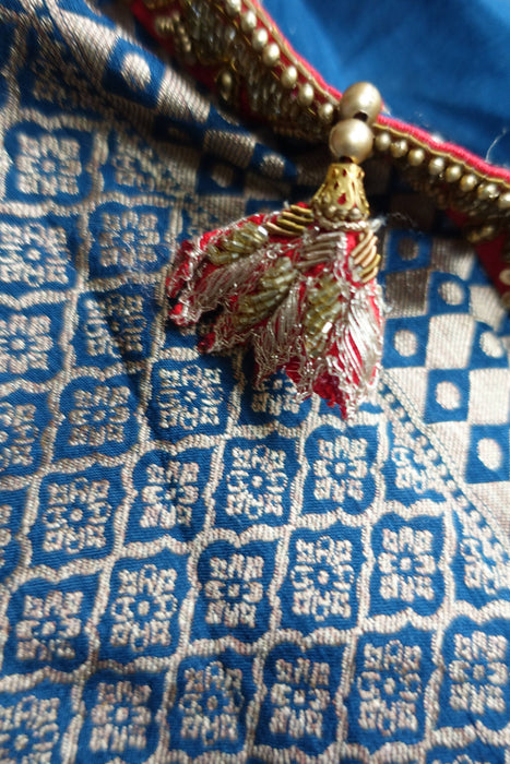 Denim Blue And Red Raw Silk Effect 3 Piece Sari Including Petticoat And Blouse To Fit 38 Bust - New