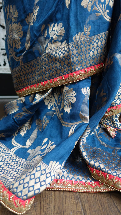 Denim Blue And Red Raw Silk Effect 3 Piece Sari Including Petticoat And Blouse To Fit 38 Bust - New