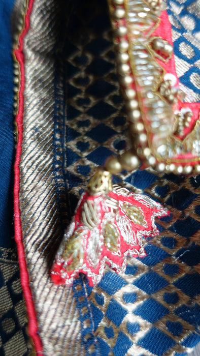 Denim Blue And Red Raw Silk Effect 3 Piece Sari Including Petticoat And Blouse To Fit 38 Bust - New