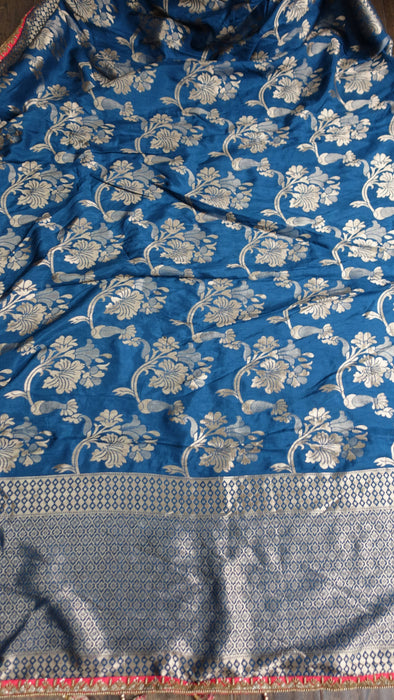 Denim Blue And Red Raw Silk Effect 3 Piece Sari Including Petticoat And Blouse To Fit 38 Bust - New