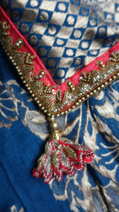 Denim Blue And Red Raw Silk Effect 3 Piece Sari Including Petticoat And Blouse To Fit 38 Bust - New