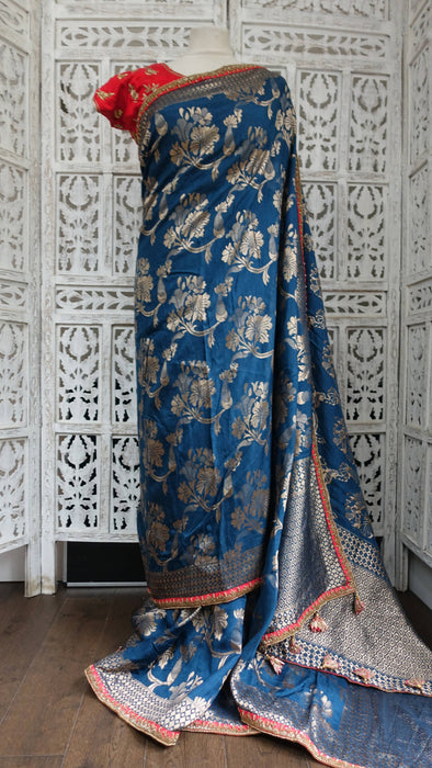 Denim Blue And Red Raw Silk Effect 3 Piece Sari Including Petticoat And Blouse To Fit 38 Bust - New