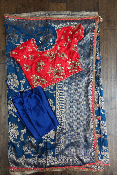 Denim Blue And Red Raw Silk Effect 3 Piece Sari Including Petticoat And Blouse To Fit 38 Bust - New