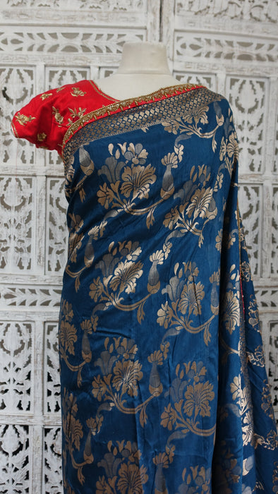 Denim Blue And Red Raw Silk Effect 3 Piece Sari Including Petticoat And Blouse To Fit 38 Bust - New