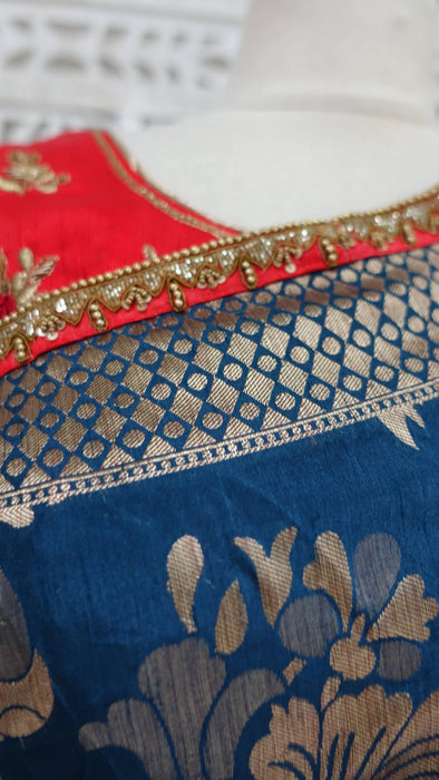 Denim Blue And Red Raw Silk Effect 3 Piece Sari Including Petticoat And Blouse To Fit 38 Bust - New