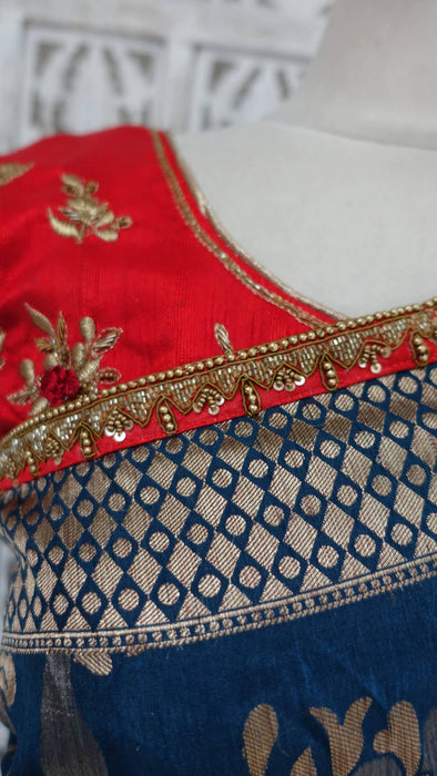 Denim Blue And Red Raw Silk Effect 3 Piece Sari Including Petticoat And Blouse To Fit 38 Bust - New