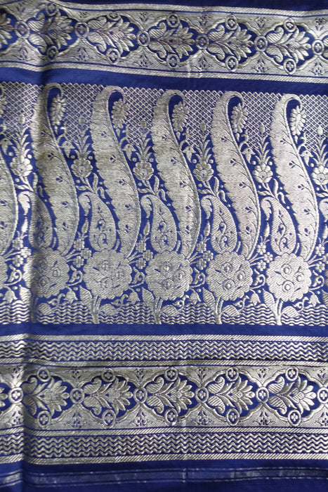 Navy Blue And Silver Zari Vintage Sari And Crepe Blouse - New