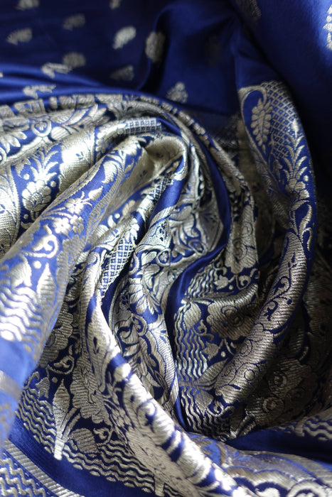 Navy Blue And Silver Zari Vintage Sari And Crepe Blouse - New