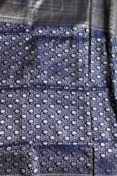 Navy Blue And Silver Zari Vintage Sari And Crepe Blouse - New