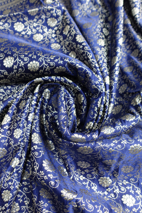 Navy Blue And Silver Zari Vintage Sari And Crepe Blouse - New