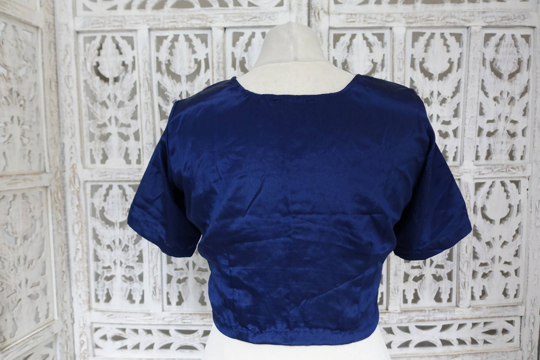Navy Blue And Silver Zari Vintage Sari And Crepe Blouse - New