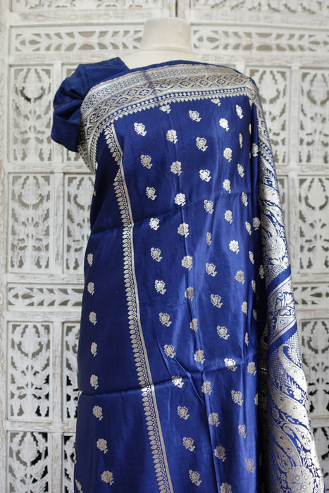 Navy Blue And Silver Zari Vintage Sari And Crepe Blouse - New