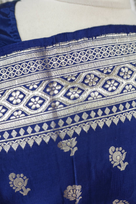 Navy Blue And Silver Zari Vintage Sari And Crepe Blouse - New