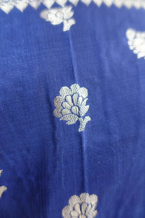 Navy Blue And Silver Zari Vintage Sari And Crepe Blouse - New