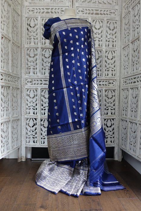 Navy Blue And Silver Zari Vintage Sari And Crepe Blouse - New