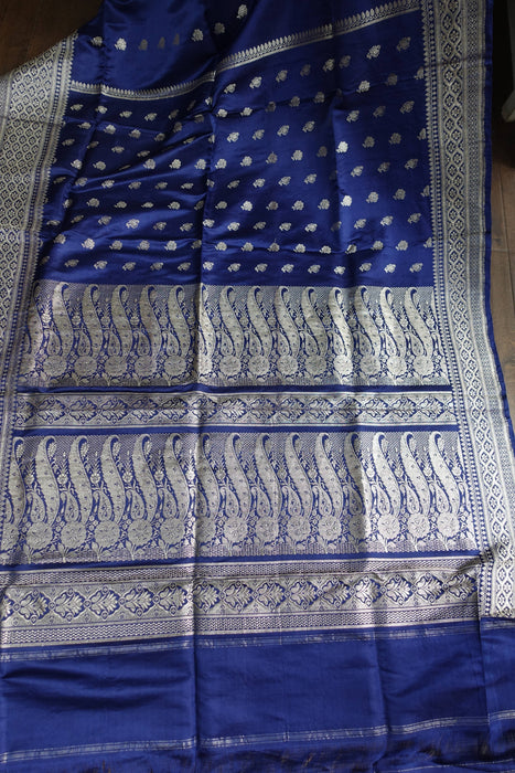 Navy Blue And Silver Zari Vintage Sari And Crepe Blouse - New