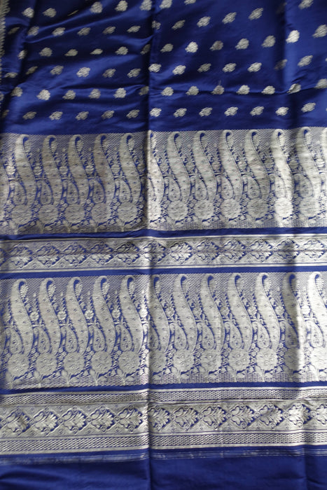 Navy Blue And Silver Zari Vintage Sari And Crepe Blouse - New
