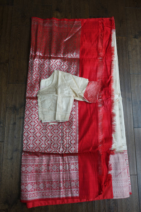 Cream And Red Vintage Sari Including Blouse - New