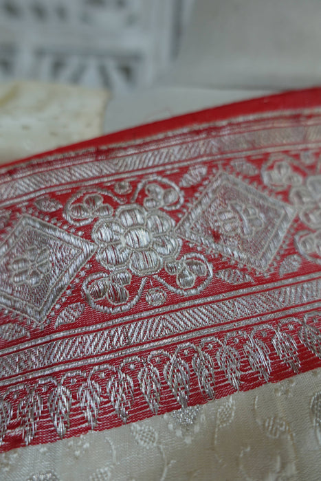 Cream And Red Vintage Sari Including Blouse - New