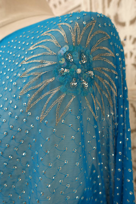 Blue Vintage Pure Silk Chiffon Sequinned Sari - New