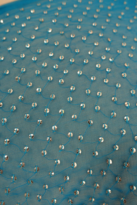 Blue Vintage Pure Silk Chiffon Sequinned Sari - New
