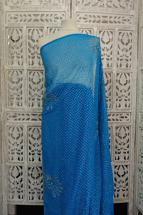 Blue Vintage Pure Silk Chiffon Sequinned Sari - New
