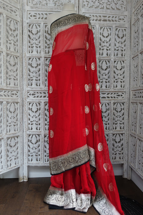 Red Silk Chiffon Banarsi Sari - New