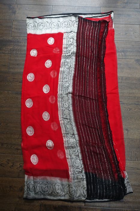Red Silk Chiffon Banarsi Sari - New