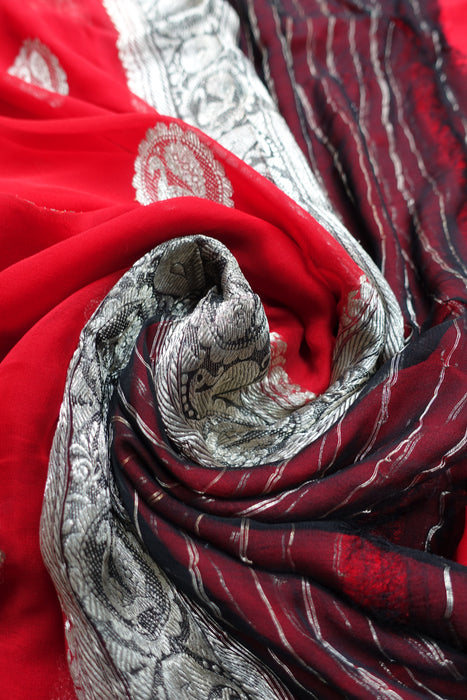Red Silk Chiffon Banarsi Sari - New