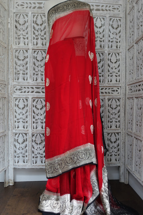 Red Silk Chiffon Banarsi Sari - New