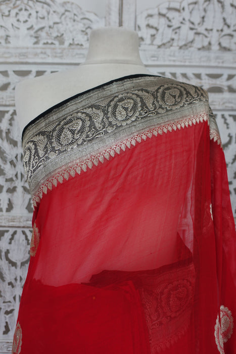 Red Silk Chiffon Banarsi Sari - New