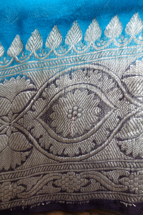 Peacock Blue And Black Zari Banarsi Sari - Preloved
