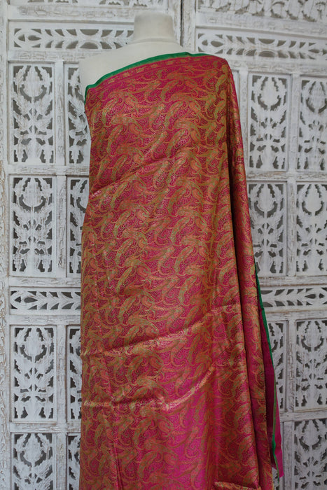 Pink And Green Vintage Sari With Blouse Piece - New