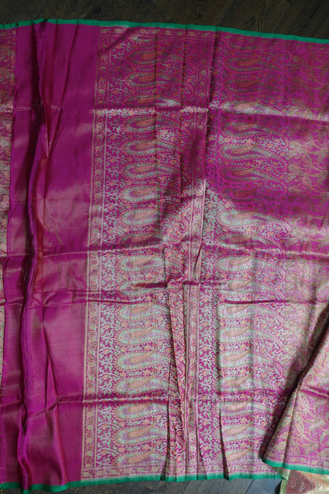 Pink And Green Vintage Sari With Blouse Piece - New