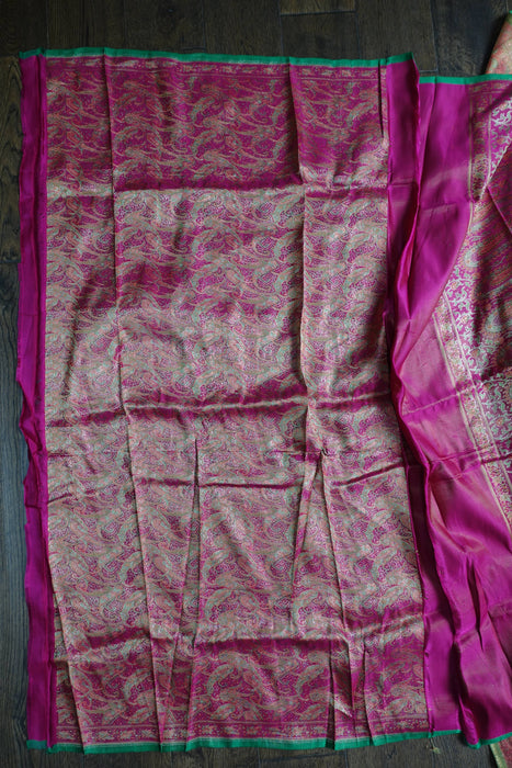 Pink And Green Vintage Sari With Blouse Piece - New