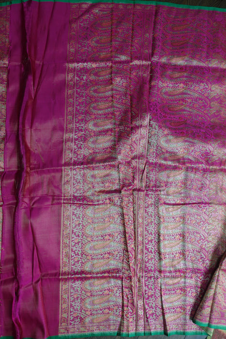Pink And Green Vintage Sari With Blouse Piece - New