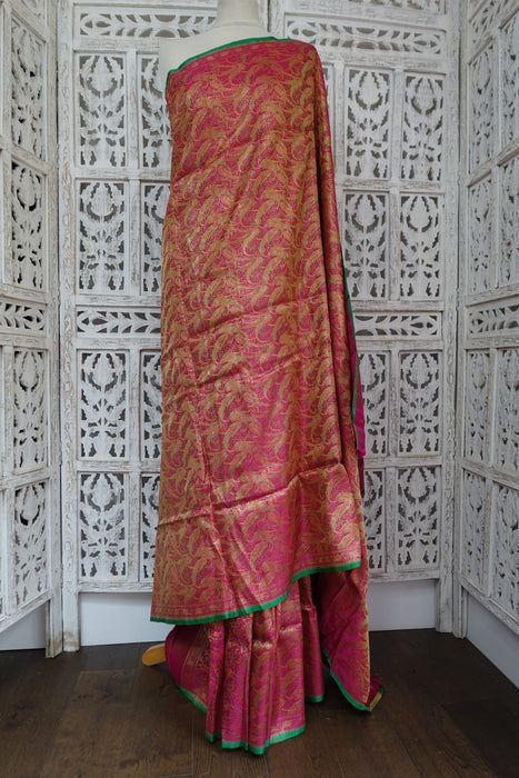 Pink And Green Vintage Sari With Blouse Piece - New