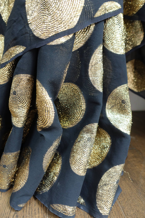 Black Large Gold Circles Woven Sari With Blouse To Fit 37 Bust - Preloved