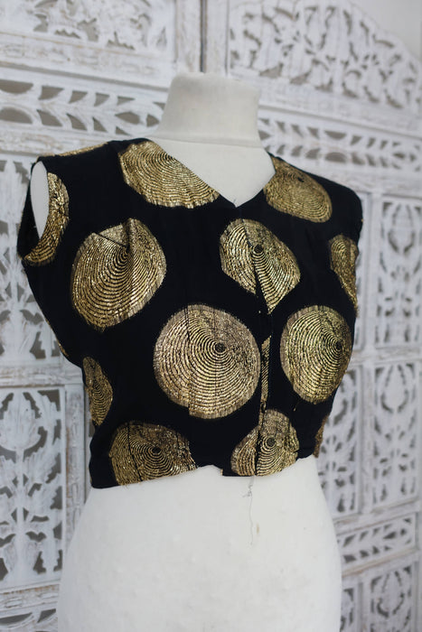Black Large Gold Circles Woven Sari With Blouse To Fit 37 Bust - Preloved