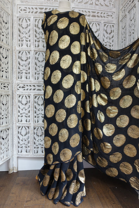 Black Large Gold Circles Woven Sari With Blouse To Fit 37 Bust - Preloved